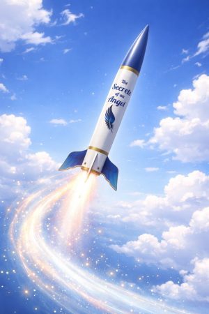 Rocket in flight with fins shaped like angel wings.